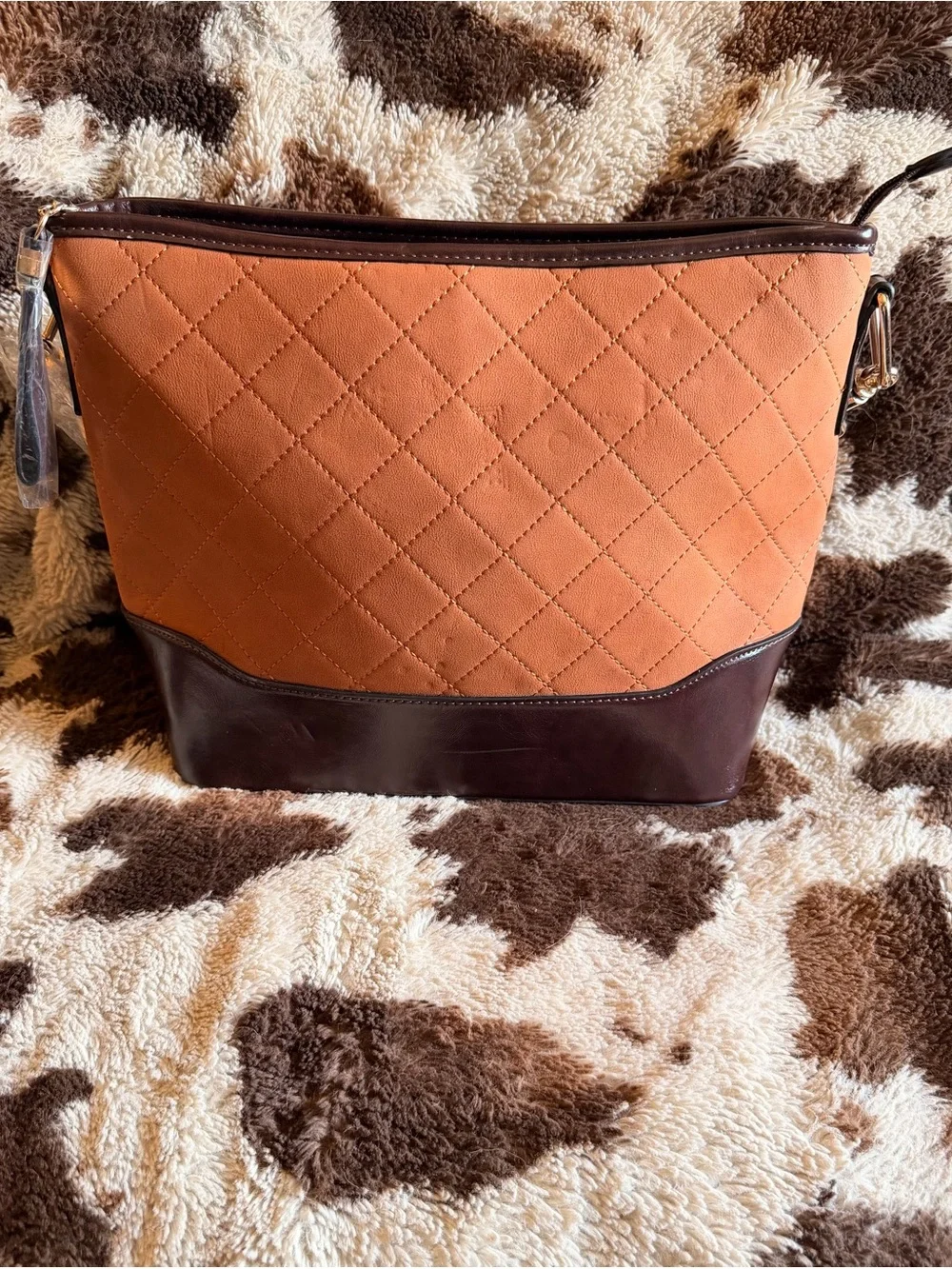 Quilted Two-Tone Women's Shoulder Bag - Orange & Dark Brown